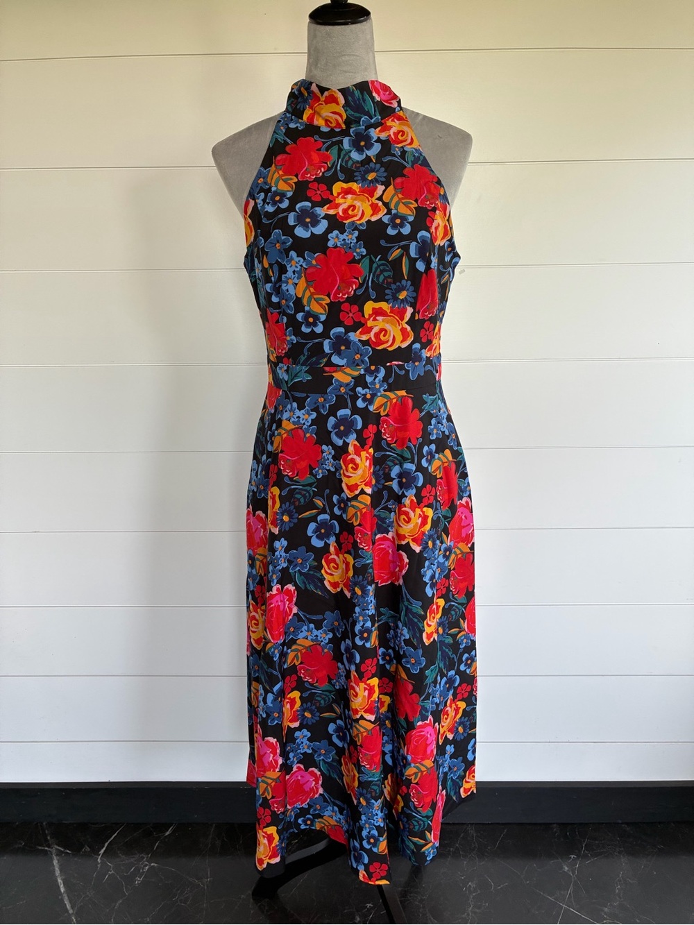 Tahari ASL Black Halter Midi Dress with Red, Blue & Yellow Floral Print Sz 10